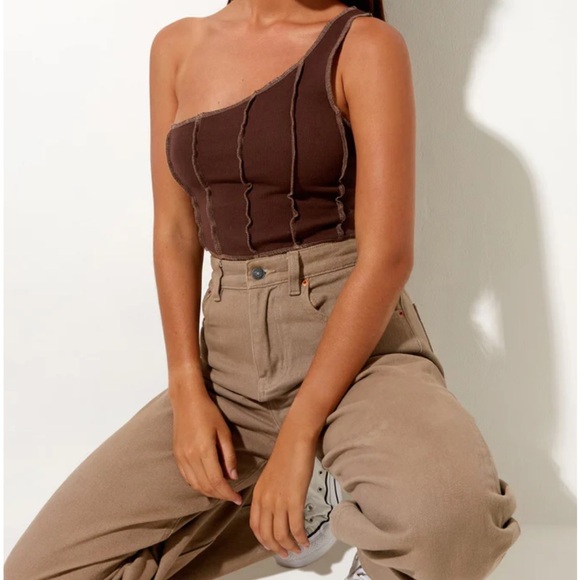 Motel Rocks Rara Crop Top In Rib Deep Mahogany With Brown Stitching - Picture 4 of 9